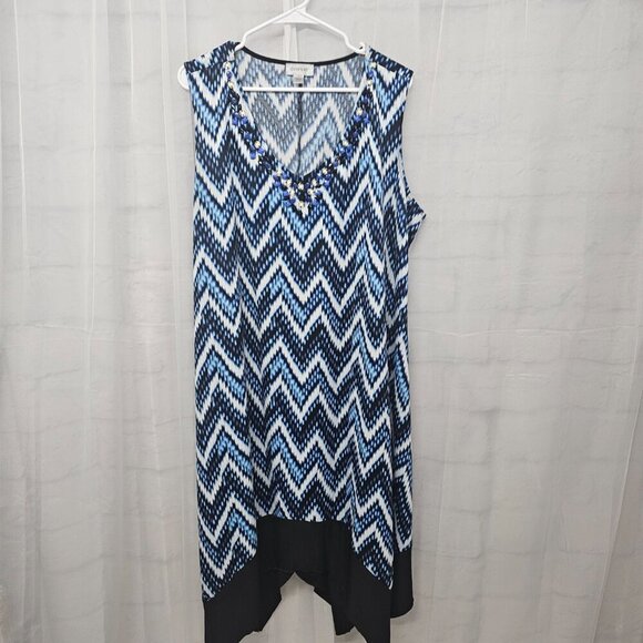 Avenue Blue White Chevron Aztec Sleeveless Midi Dress Beaded Boho 22/24 - Picture 9 of 13